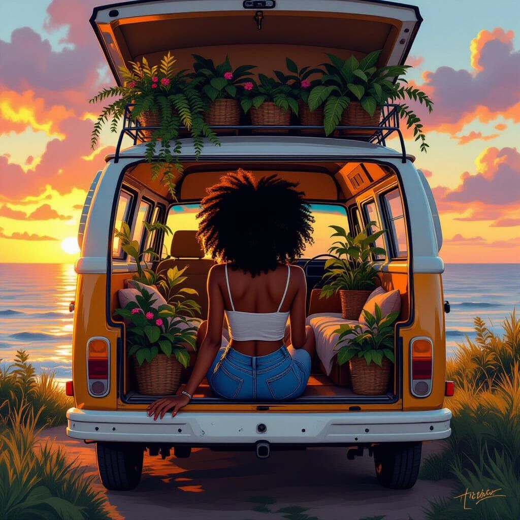 Black Woman in Plant-Filled Van at Sunset