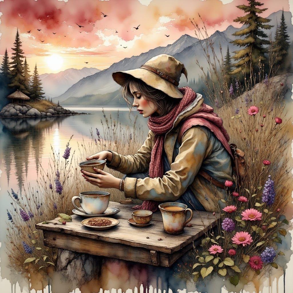 Woman Begins Journey with Coffee: Inky Poetic Style