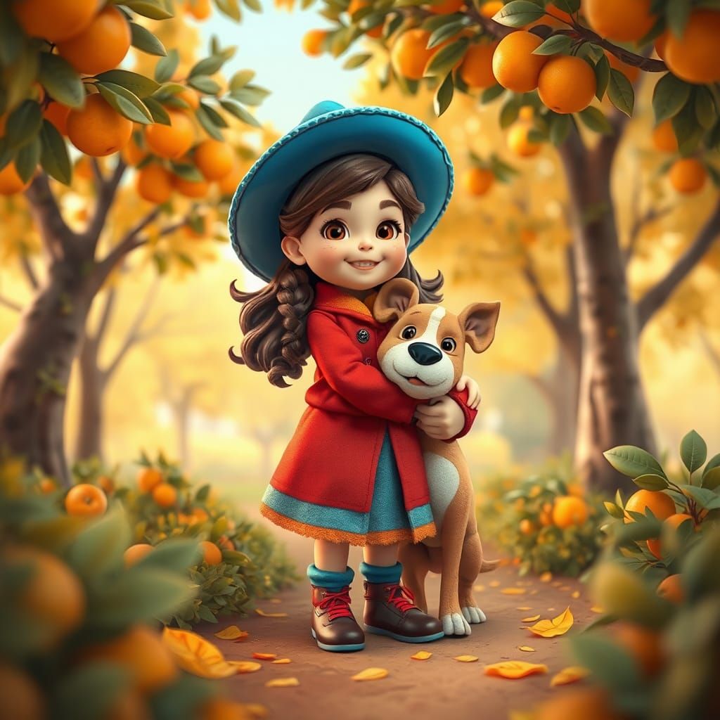 Child and Dog in Autumn Park, 3D Render