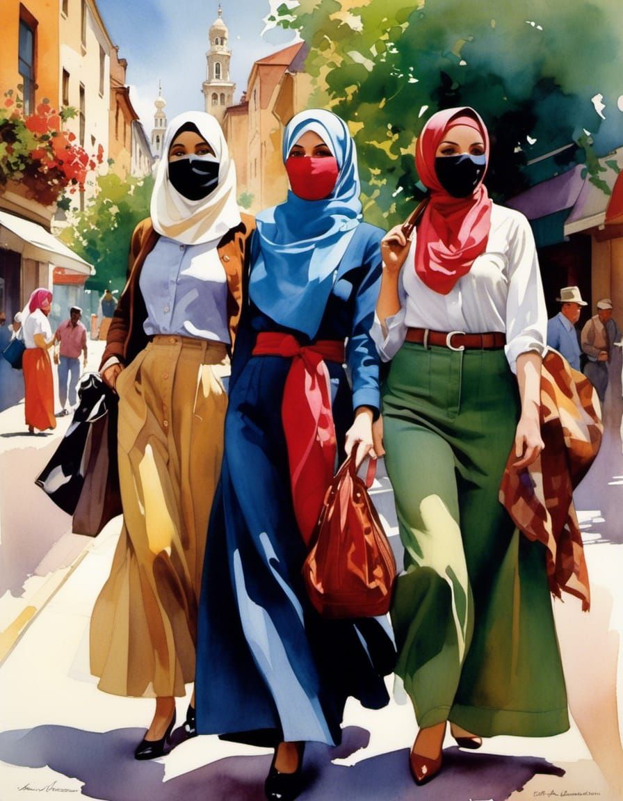 Three Modest Ladies Strolling Through a Vibrant City in a Wa...