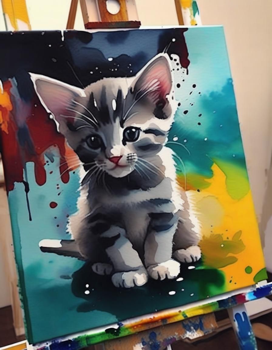 Watercolor Kitten in Abstract Floral Setting
