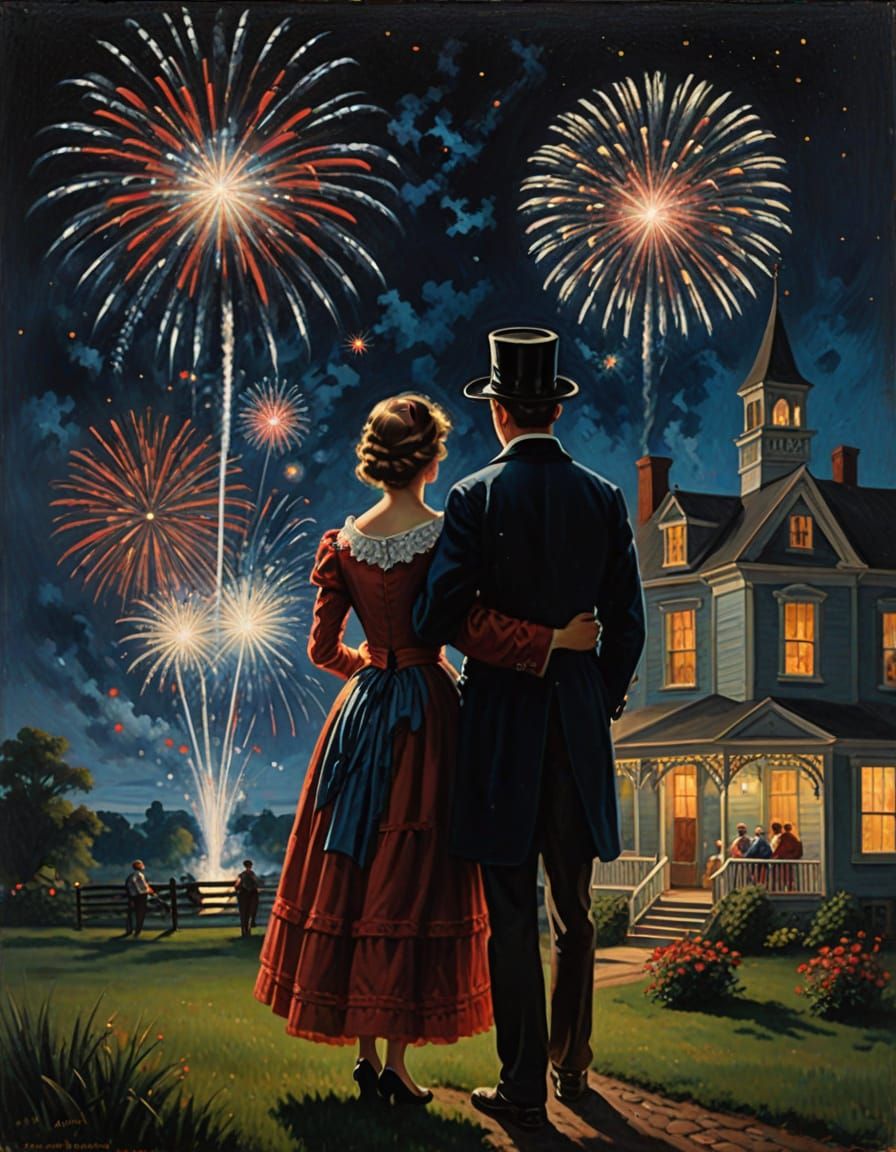 Victorian Couple Celebrates July 4th: Oil Painting