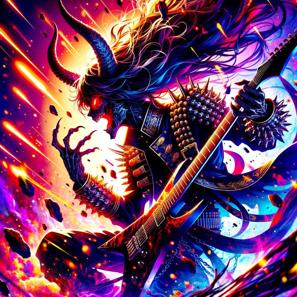 Anime Demon Rocks Out on Electric Guitar