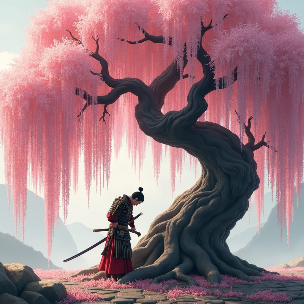 Weeping Willow and Samurai in Japanese Landscape