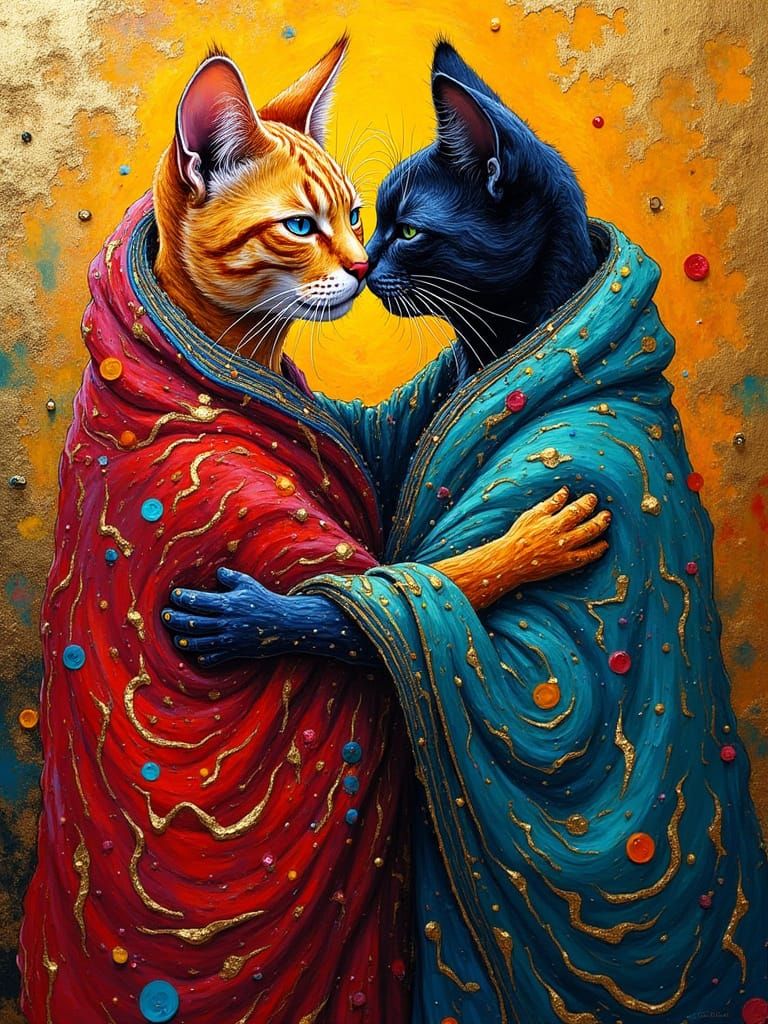 Kissing Cats in Klimt-Inspired Impasto Painting