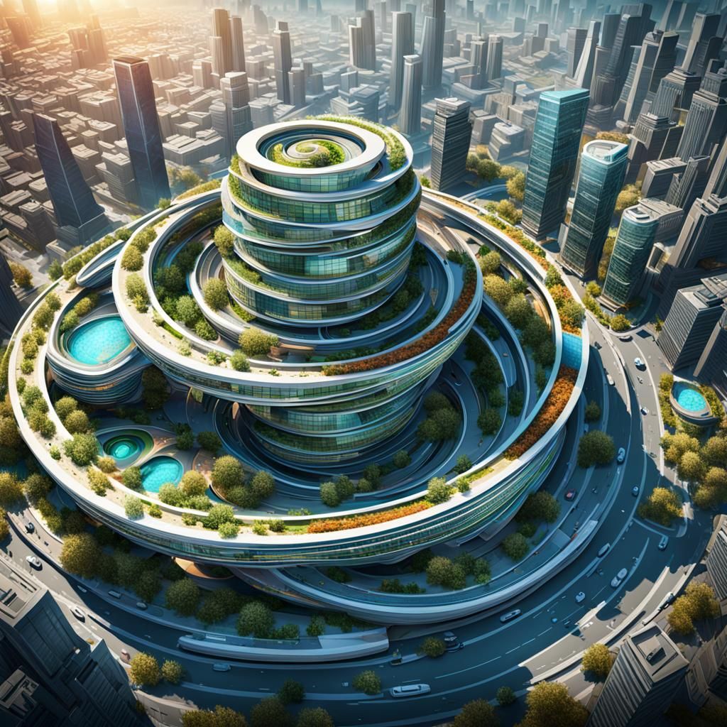 Hyperrealistic Spiral Helix Future Cities Concept Art