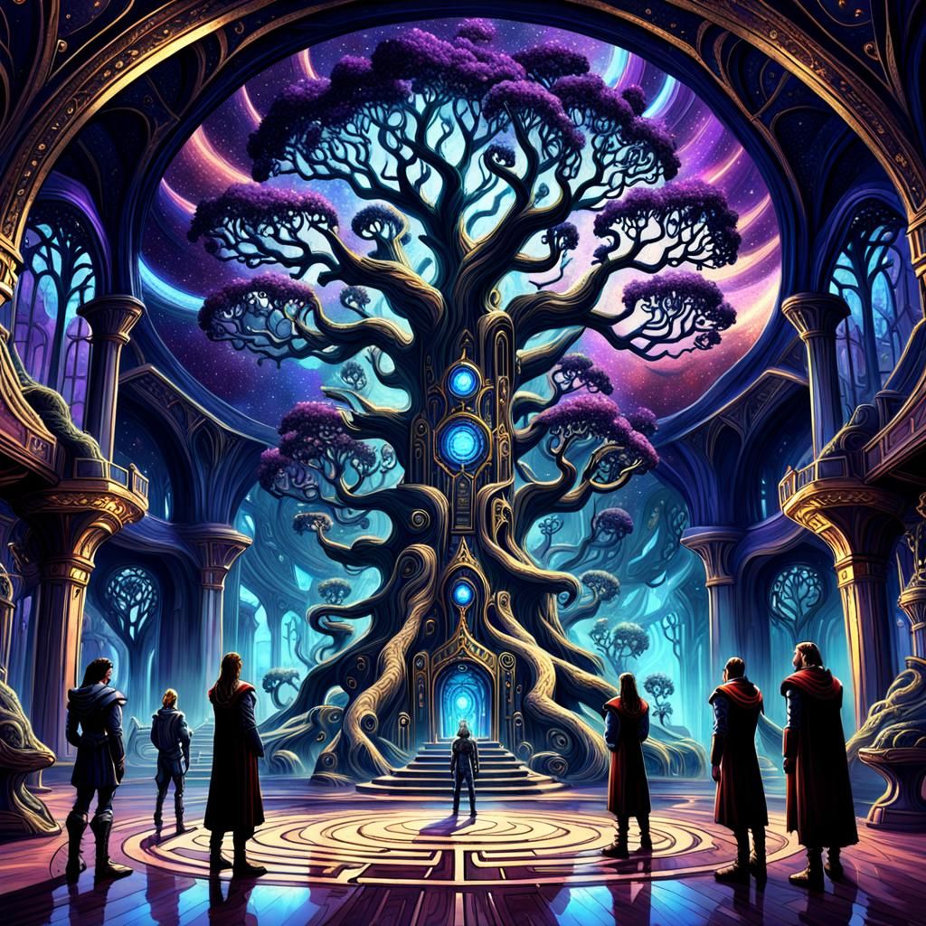 Surreal Scene with Strange Trees and Cosmic Machine