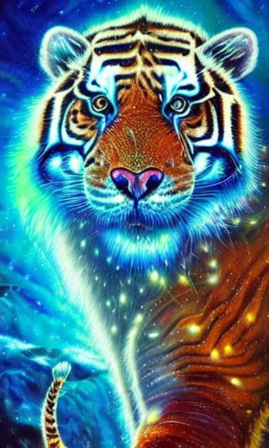 Crystal Tiger Portrait with Arctic Sea and Lasers