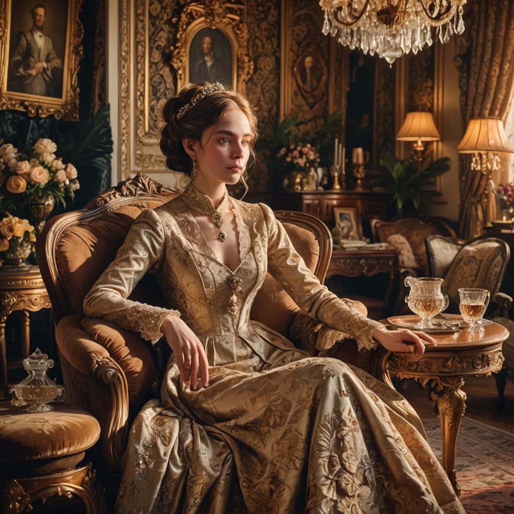 Victorian Woman in Opulent Bedroom, Photorealistic Art