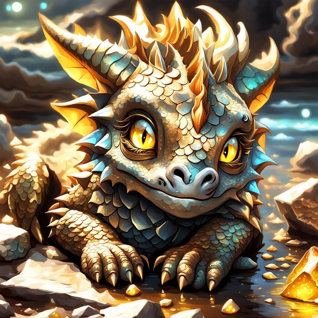 Cute Golden Dragon Cub Fantasycore Painting