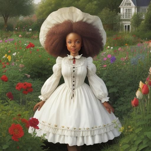 Victorian Girl with Afro in Flower Garden