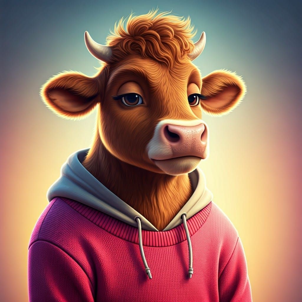Serene Cow in Pink Hoodie: Pixar-Style 3D Digital Art