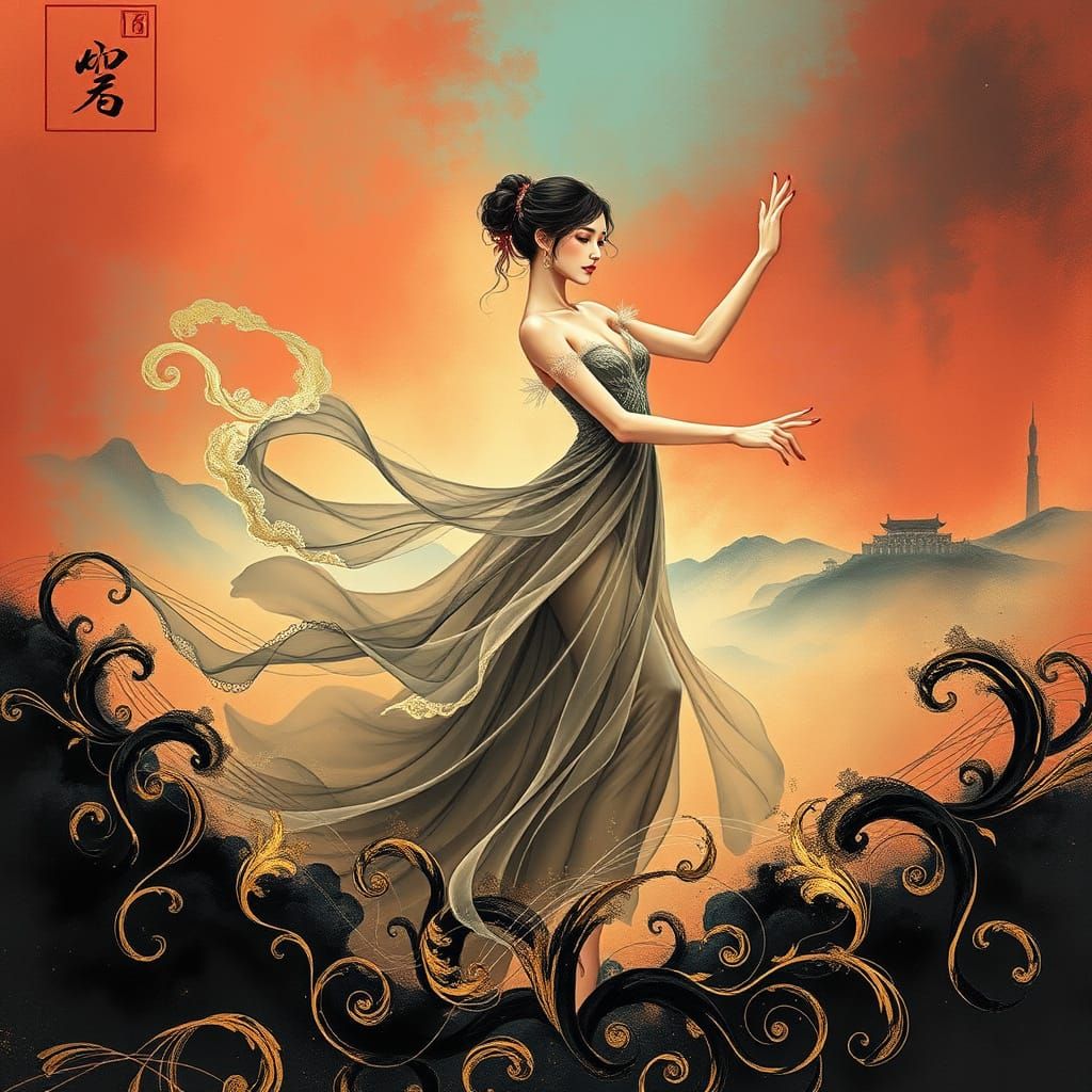 Elegant Lady in Luminous, Golden Calligraphy