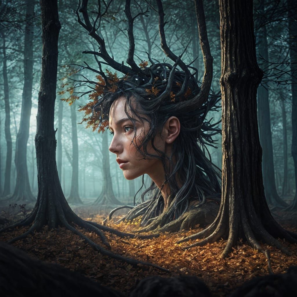 Tree Root Woman Reaching for Moonlight