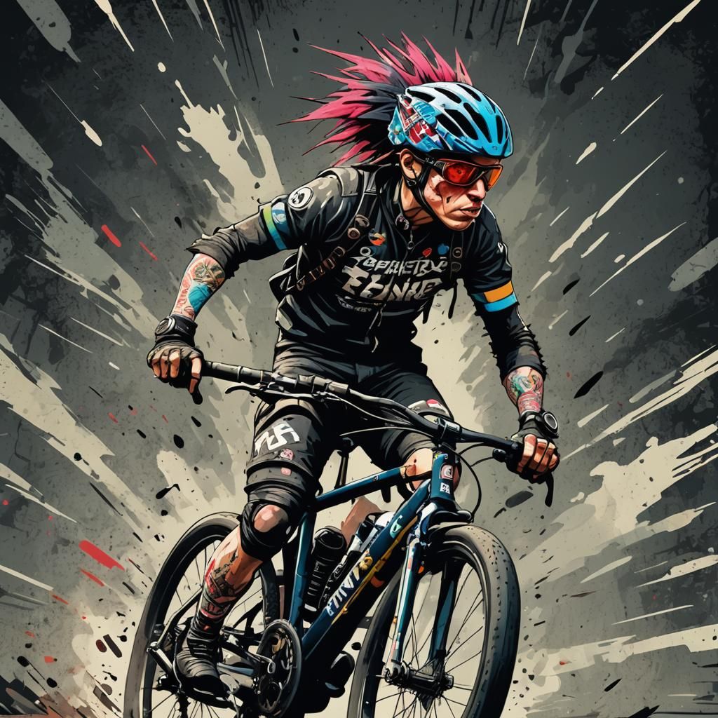Punk Cyclist Illustration in Detailed Matte Style