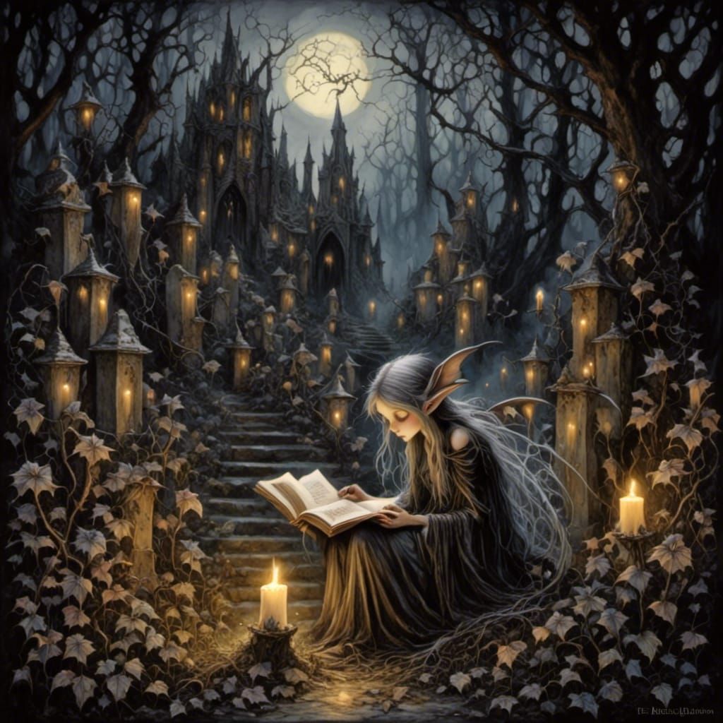 Eerie Elf Reads in Cemetery in Dark Fantasy