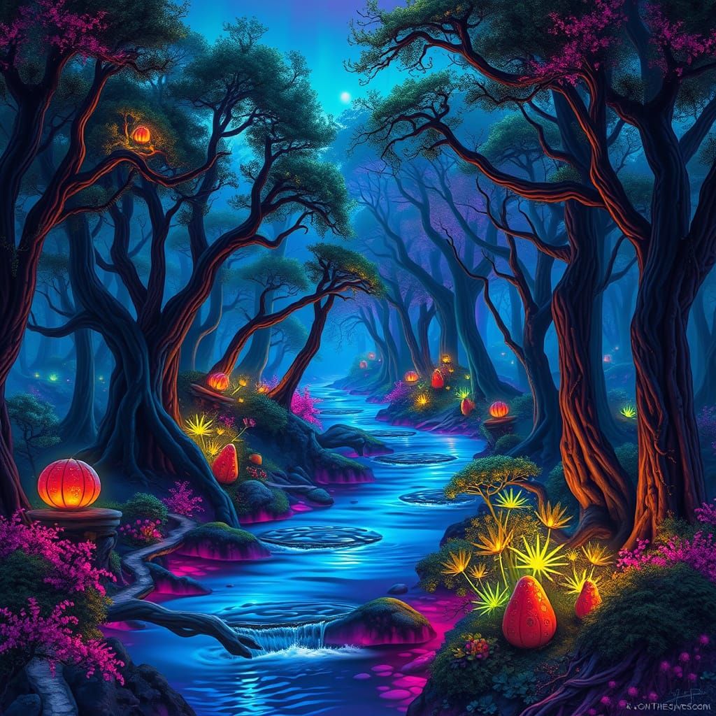 Bioluminescent Forest at Twilight in Airbrush Art Style
