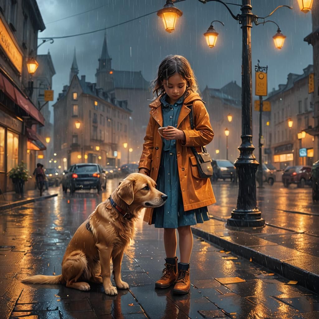 Puppy Comforts Girl in Rainy City: Fantasy Illustration