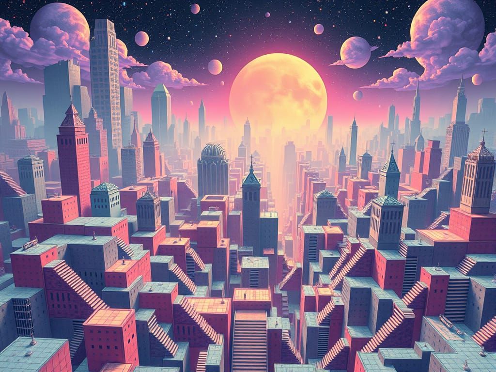 Kidcore Teslapunk Cityscape with Impossible Geometry