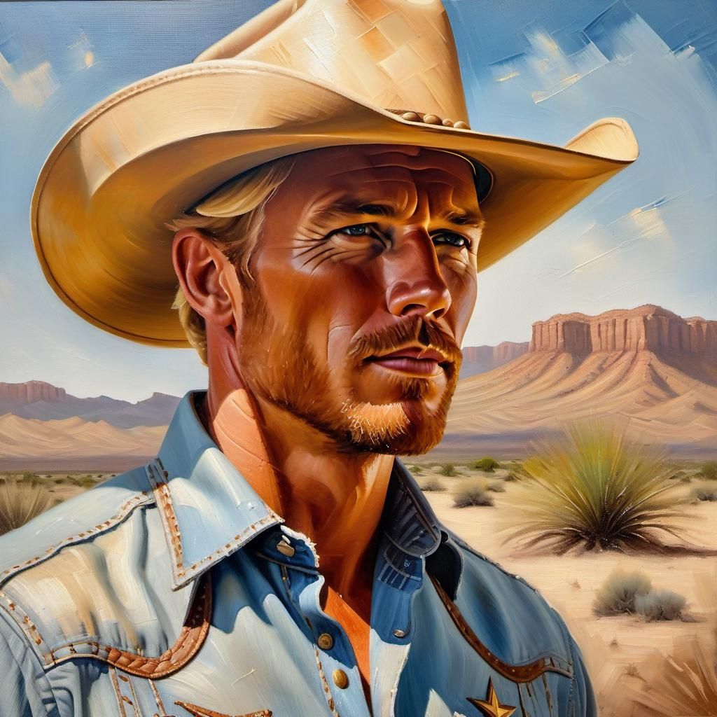 Handsome Cowboy in Desert, Impressionistic Oil Portrait