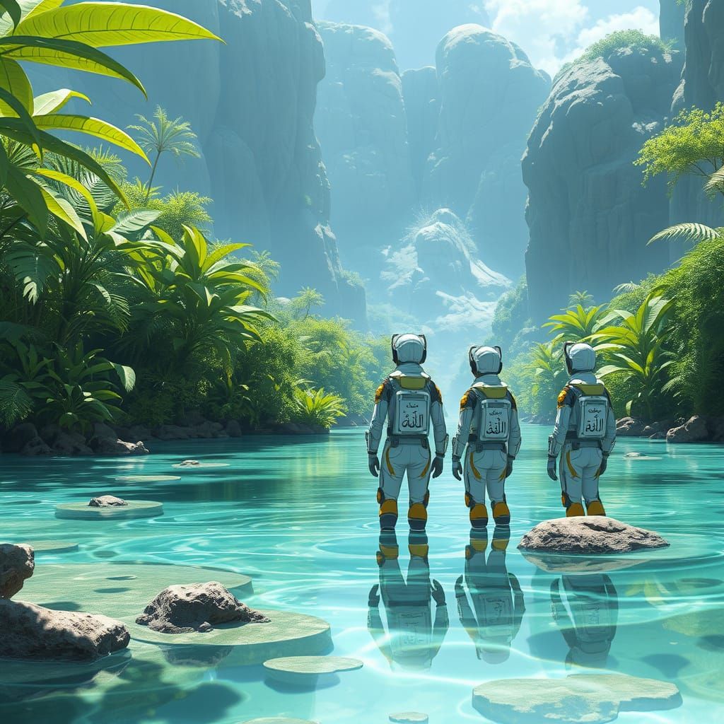 Alien Oasis: Muslim Explorers in Ghibli Anime Style