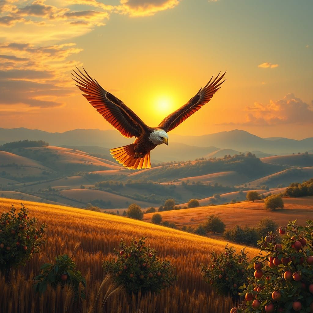 Majestic Eagle Soars Over Golden Harvest Landscape