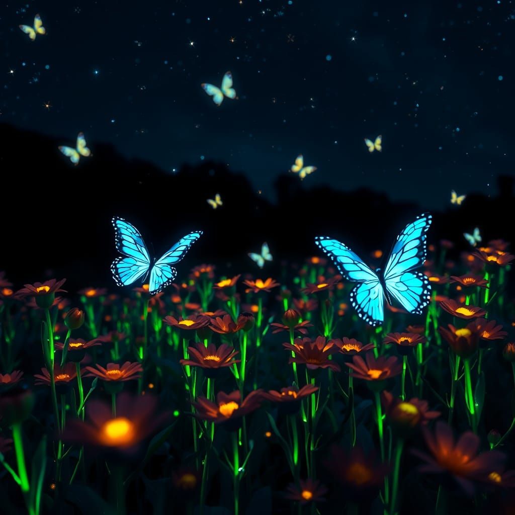 Fluorescent Butterflies in Starry Night Field