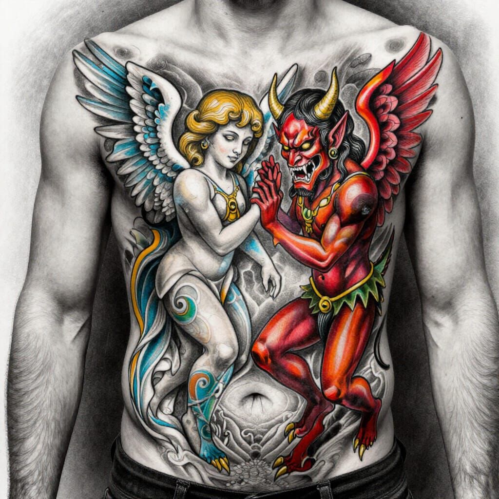 Man's Torso Tattoo: Angel and Demon in Charcoal Style