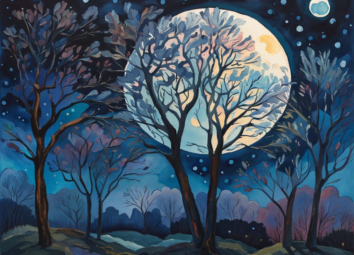 Gouache Style Trees Under a Glowing Moon