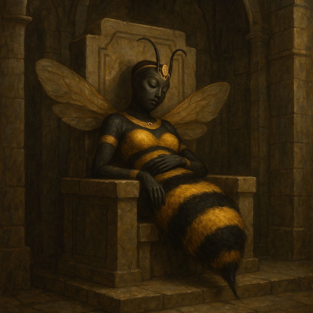 Anthropomorphic Bee Goddess Asleep on Stone Throne