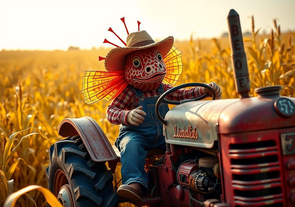 Lionfish Farmer Rides Tractor Through Cornfield