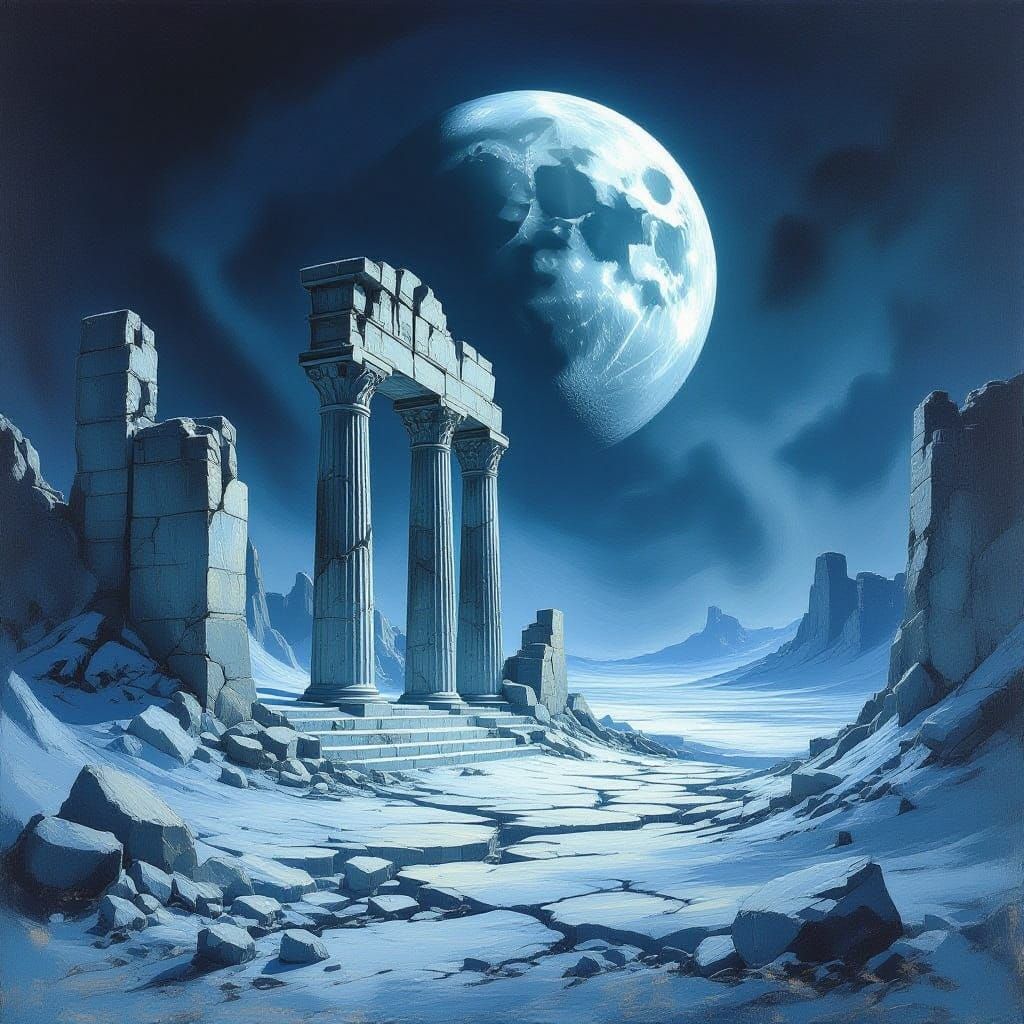 Ominous Expressionist Temple on Pluto with Charon