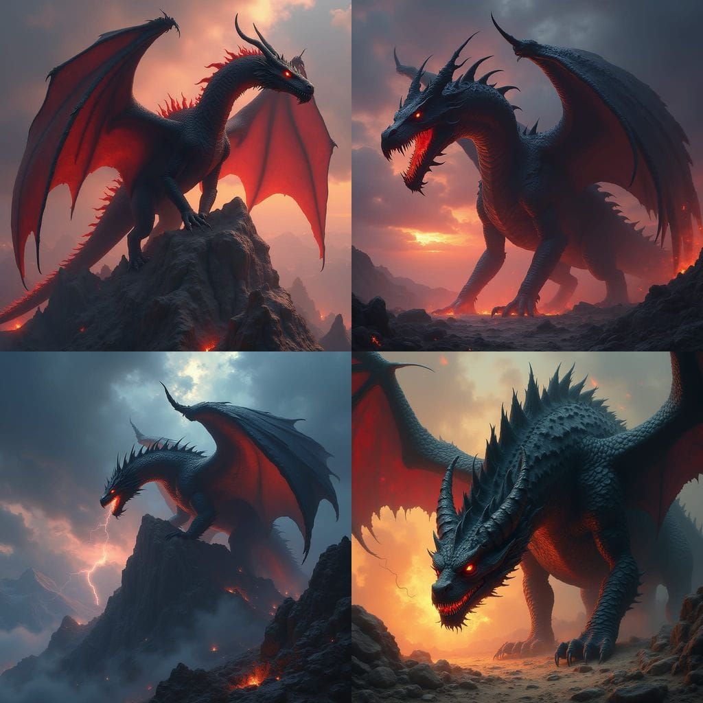 Colossal Dragon with Fiery Black Scales and Scarlet Eyes