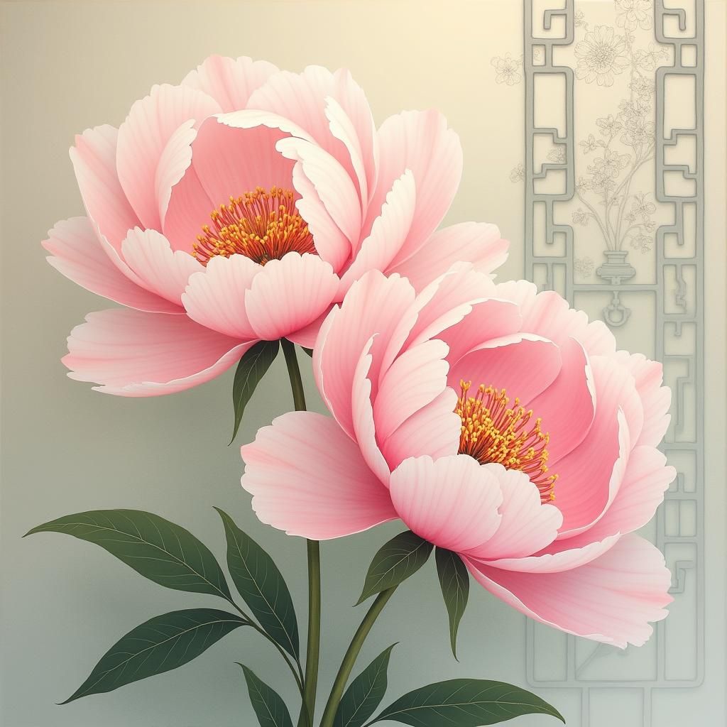 Peonies in Chinese Painting Style with Oil Painting Aestheti...