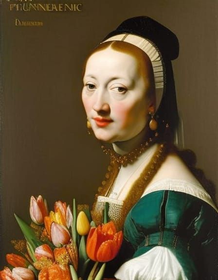 Dutch Girl with Tulips: Renaissance Oil Painting