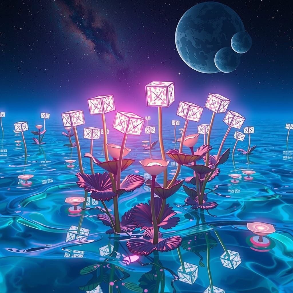 Ethereal Lagoon Blooms with Glowing Cubed Flowers and Irides...
