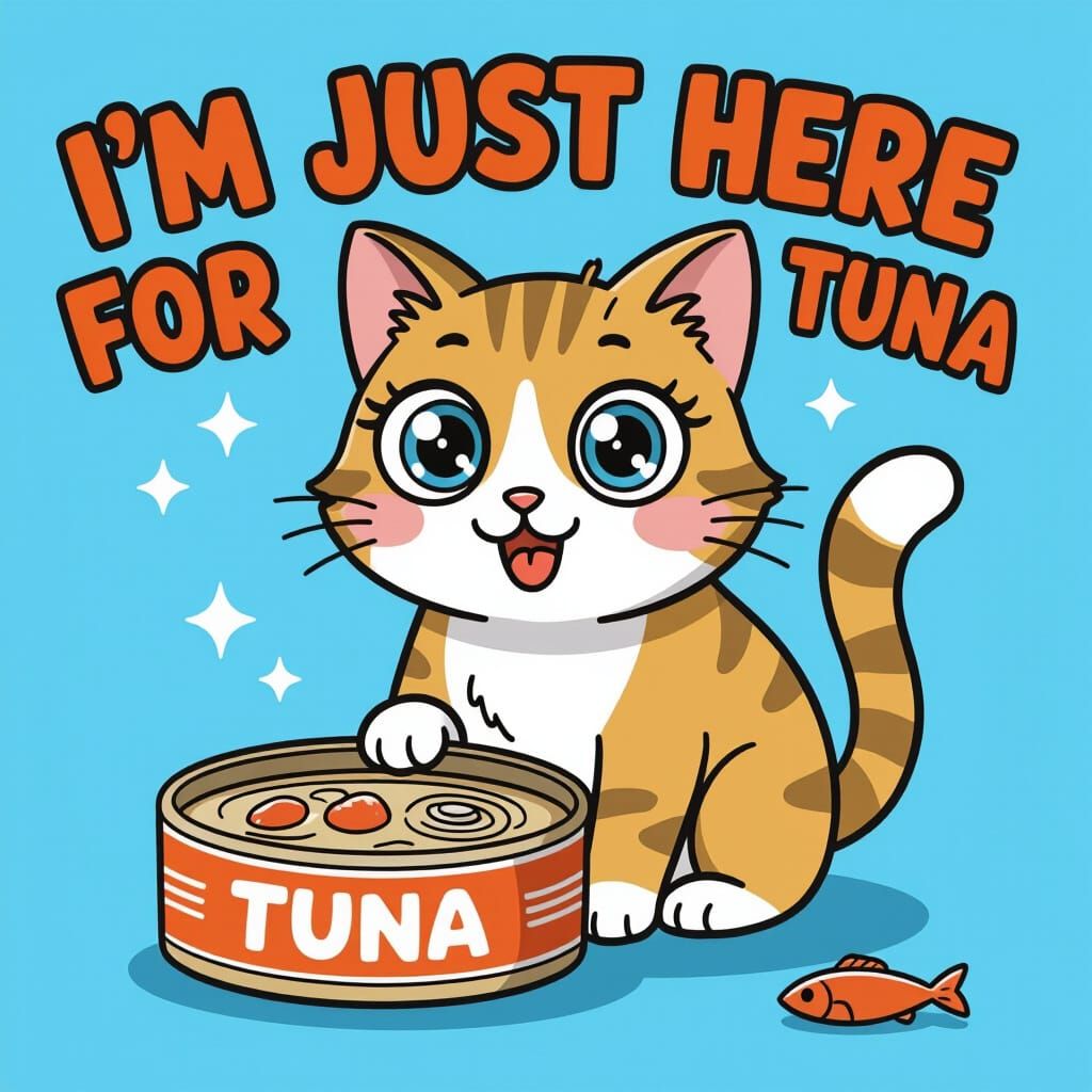 Cartoon Cat Ready to Pounce on Tuna