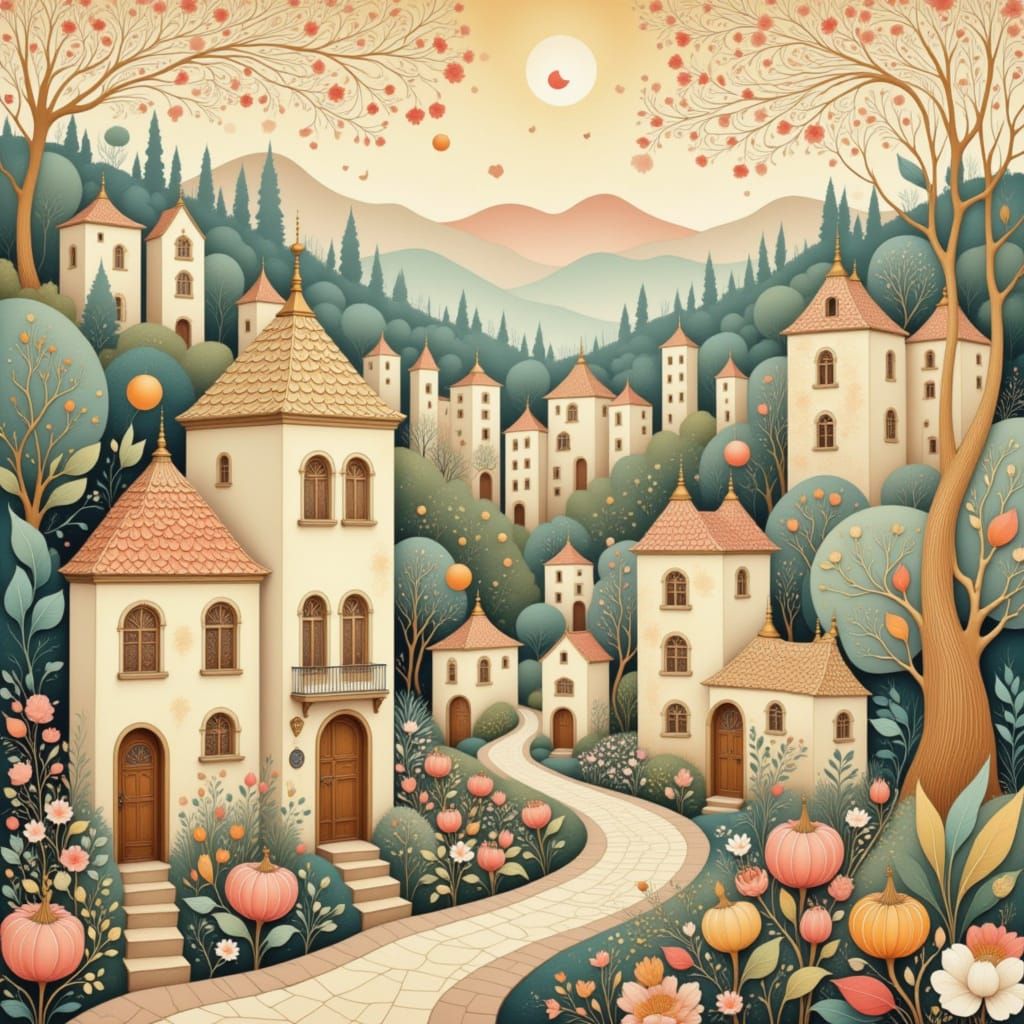 Dreamy Art Nouveau Village in Soft Hues