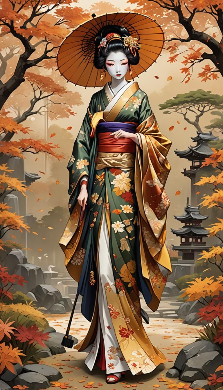 Autumn Festival Geisha in Zen Garden: Anime Illustration