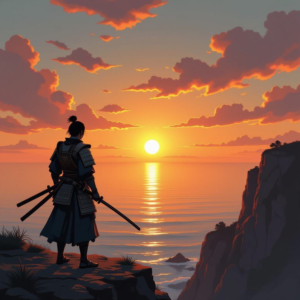 Samurai Warrior Overlooks Ocean Sunset in Hokusai-Syd Mead S...