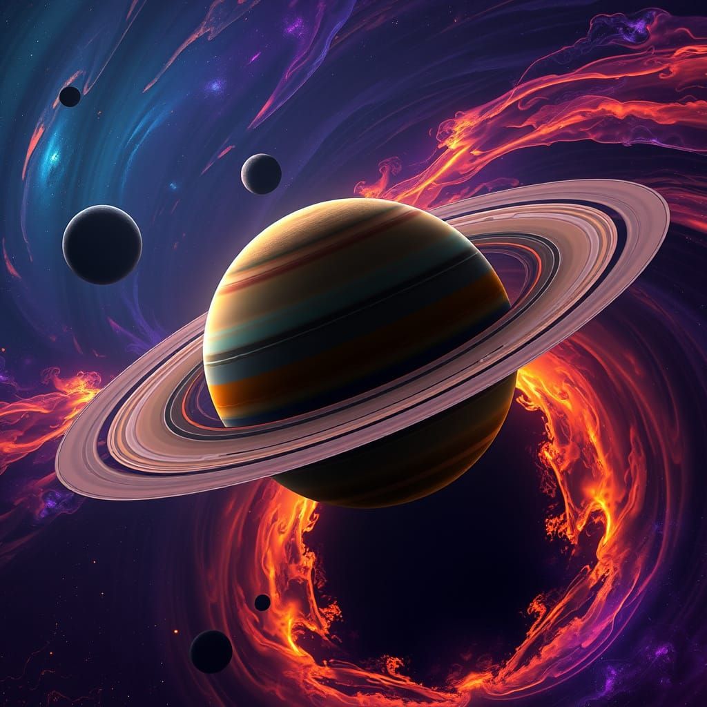 Cosmic Vortex: Saturn and Black Holes in Vibrant, Fantastica...