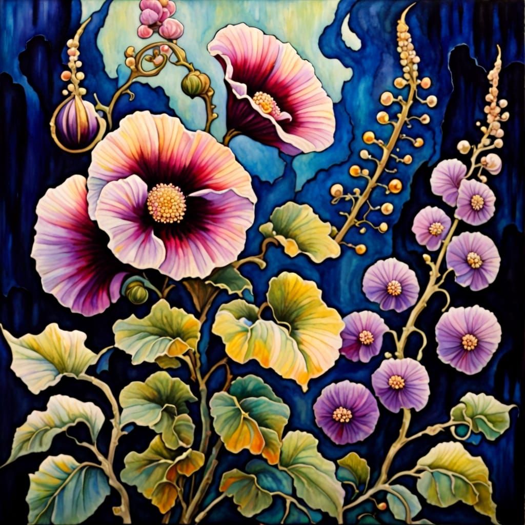 Steampunk Hollyhocks in Klimt-Inspired Impasto Style