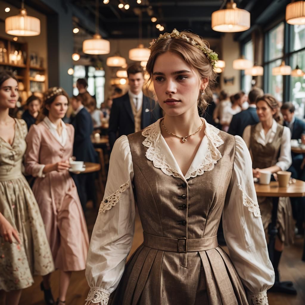 Victorian Dress in Modern Coffee Shop: Concept Art