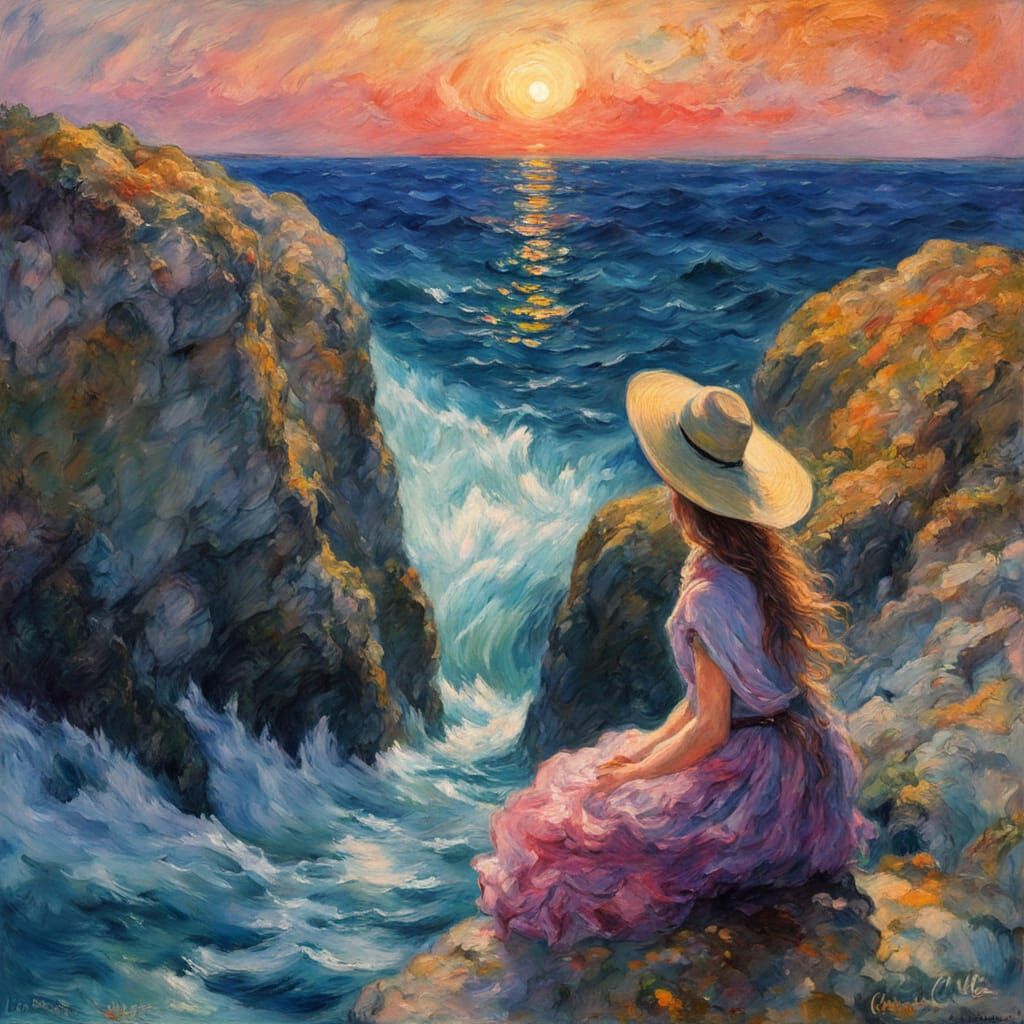 Serene Siren on Rocky Outcropping in Vibrant Gouache Impress...