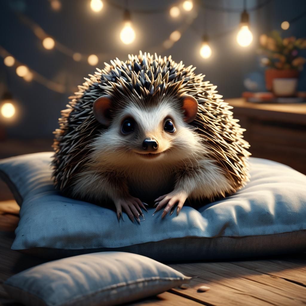 Cute Hedgehog on Pillow: 3D Game Cinematic Render