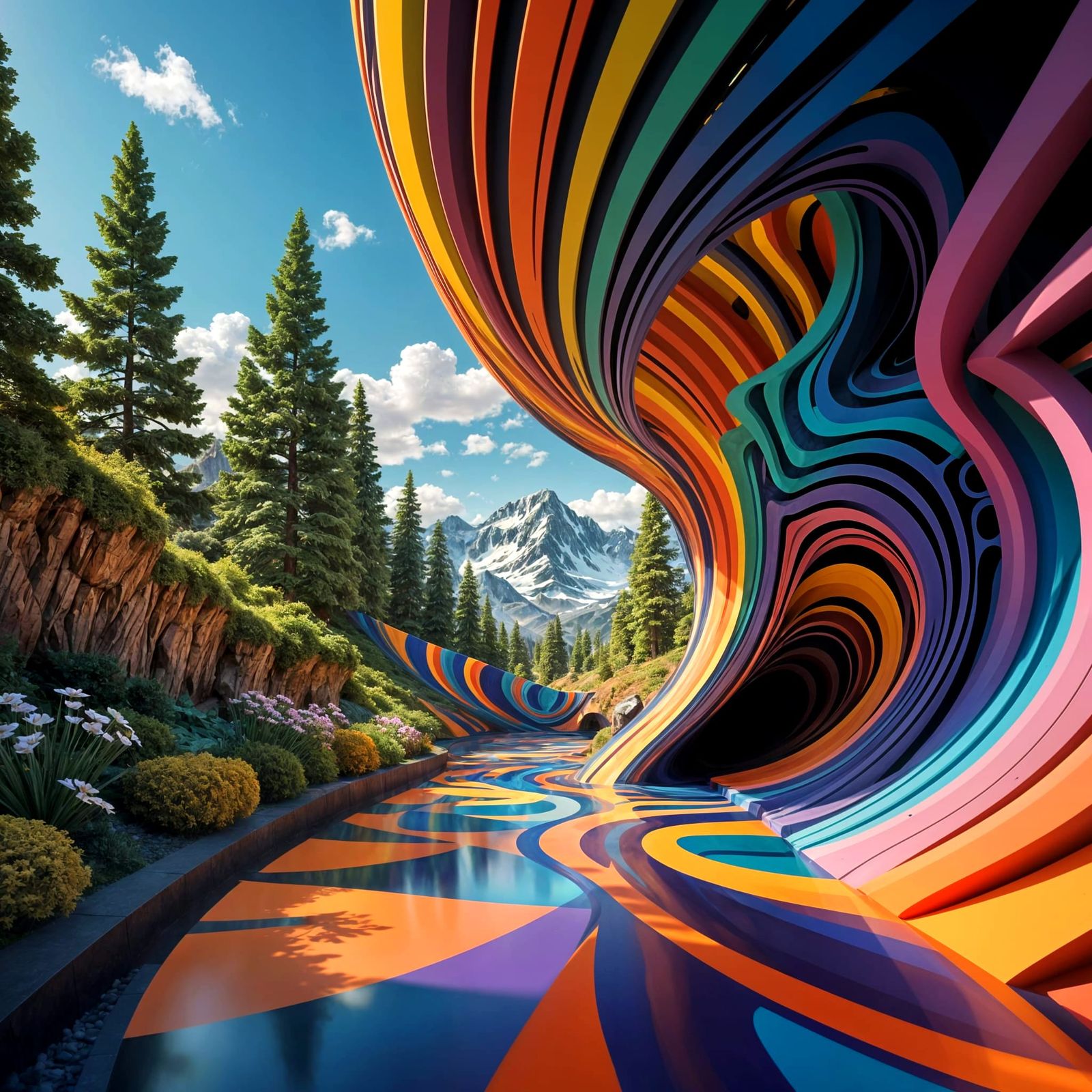 Vibrant Op Art Sculpture Blends with Nature