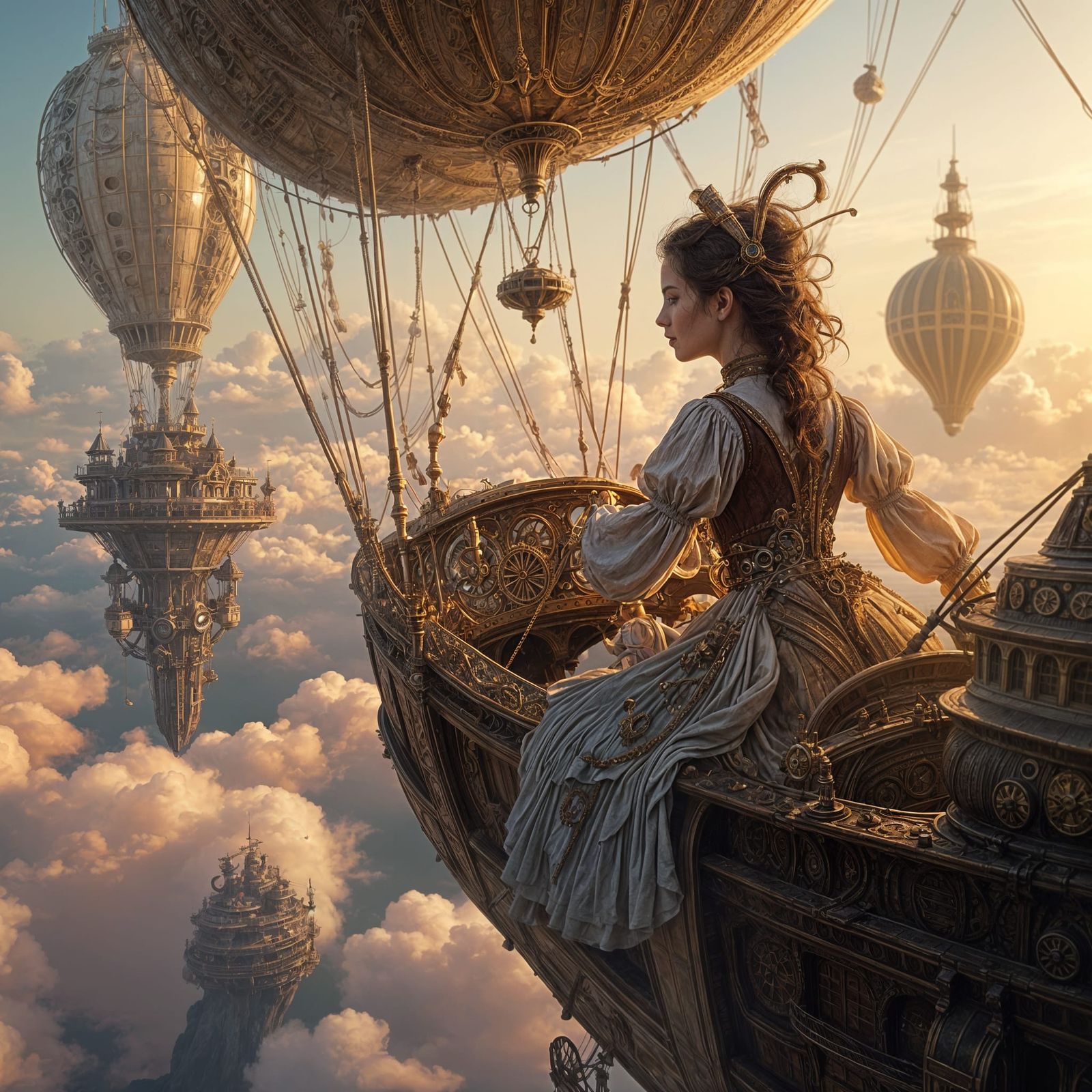 Steampunk Airship Pilot Amidst Floating Islands