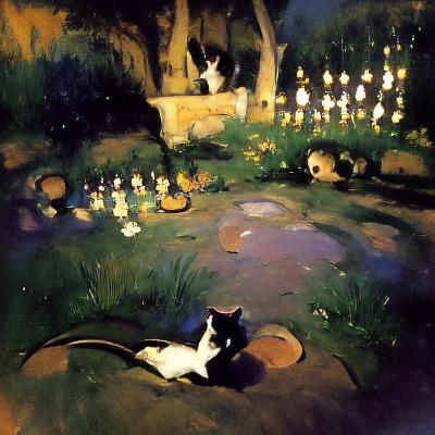 Impressionistic Cat in Night Garden Painting