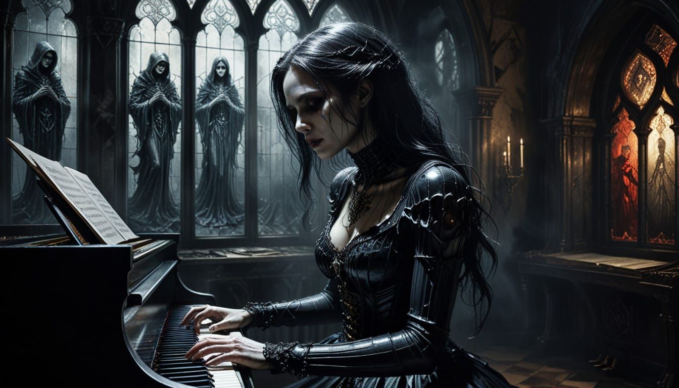 Ethereal Vampire Plays Piano in Haunting Luxury Cell