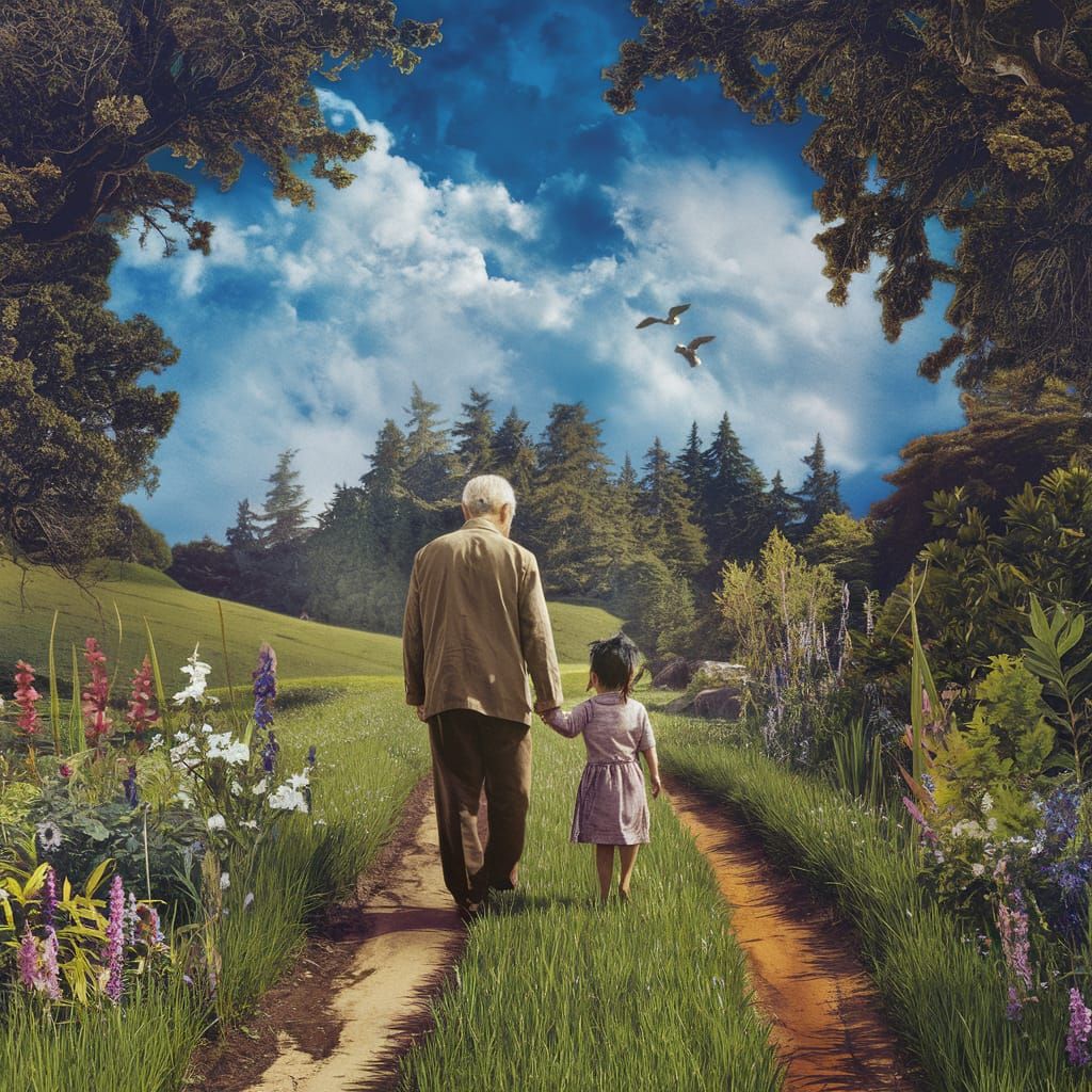 Asian Man Walks With Granddaughter in Fantasy Landscape